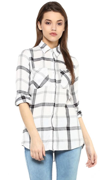 Mayawye Women's Rayon Checkered Long Sleeves Standard Length Shirt (Black - White)