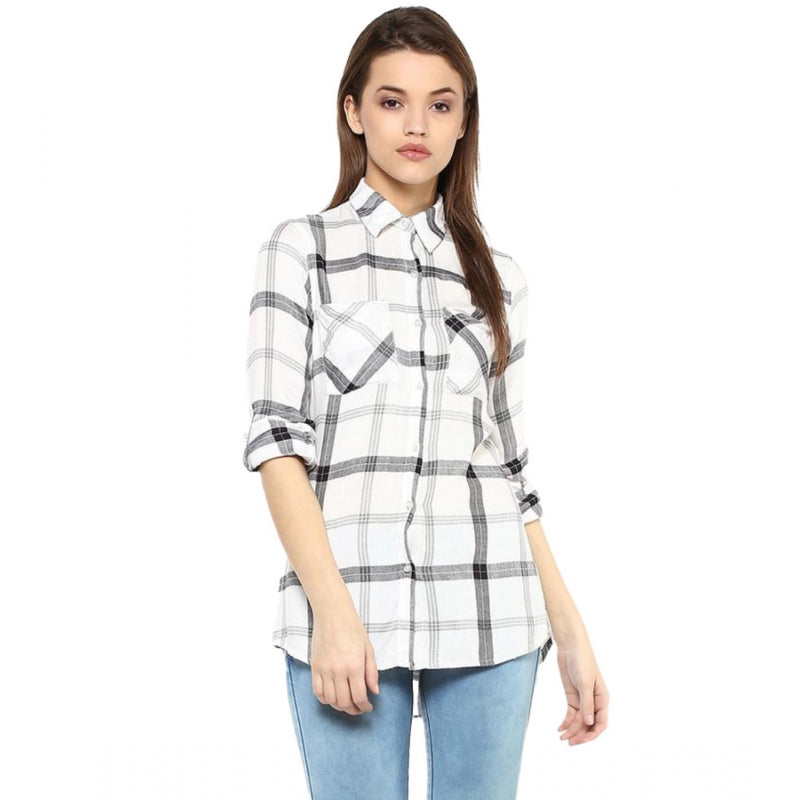 Mayawye Women's Rayon Checkered Long Sleeves Standard Length Shirt (Black - White)