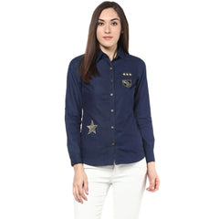 Mayawye Women's Denim Patch Work Long Sleeves Standard Length Shirt (Blue)