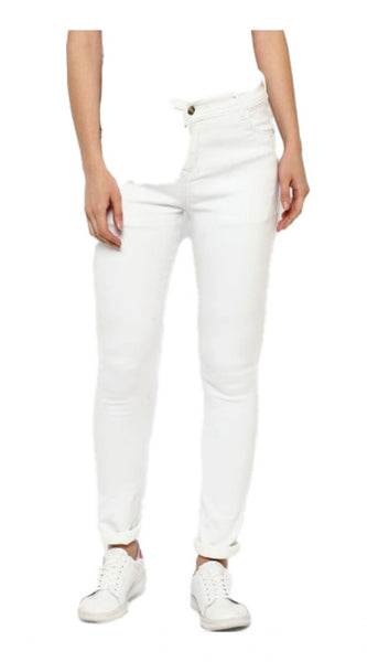 Mayawye Women's Denim Solid Buttoned Jeans (White)