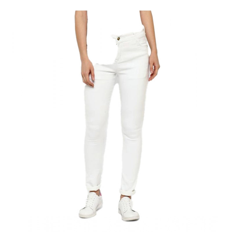 Mayawye Women's Denim Solid Buttoned Jeans (White)