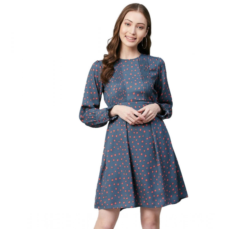 Mayawye Women's Polyester Polka Long Sleeves Above Knee Dress (Grey - Coral)