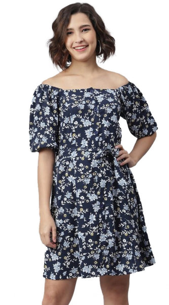 Mayawye Women's Polyester Off Shoulder Half Sleeve Above Knee Dress (Blue)
