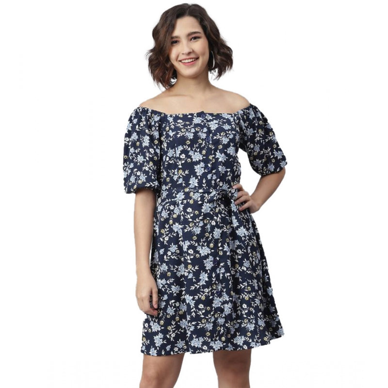 Mayawye Women's Polyester Off Shoulder Half Sleeve Above Knee Dress (Blue)