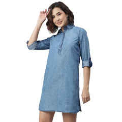 Mayawye Women's Denim Solid Long Sleeves Above Knee Dress (Ice Blue)