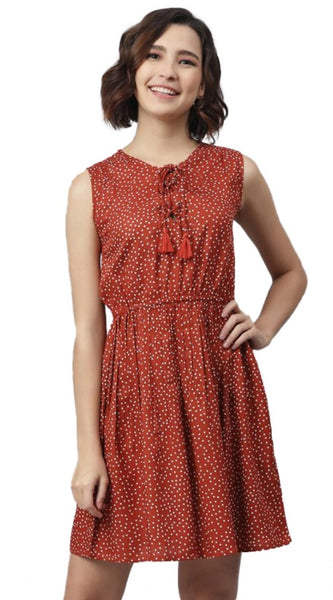 Mayawye Women's Rayon Polka Sleeveless Above Knee Dress (Rust)