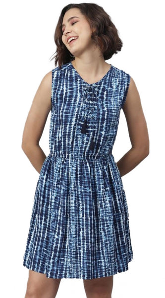 Mayawye Women's Rayon Tie & Dye Sleeveless Above Knee Dress (Blue)