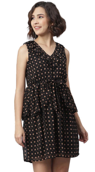 Mayawye Women's Polyester Peplum Sleeveless Above Knee Dress (Black)