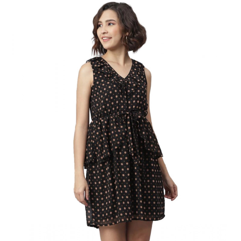 Mayawye Women's Polyester Peplum Sleeveless Above Knee Dress (Black)