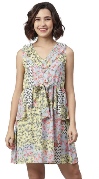 Mayawye Women's Polyester Peplum Sleeveless Above Knee Dress (Multicolor)