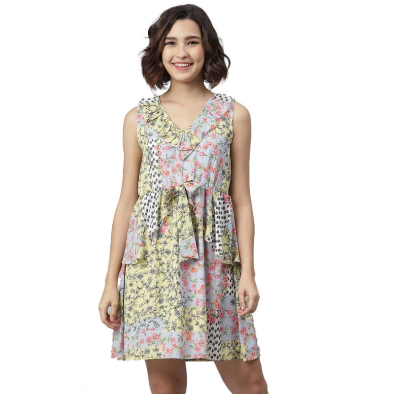 Mayawye Women's Polyester Peplum Sleeveless Above Knee Dress (Multicolor)