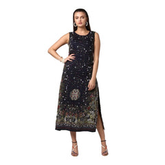 Mayawye Women's Rayon Floral Sleeveless Calf-length Dress (Black)
