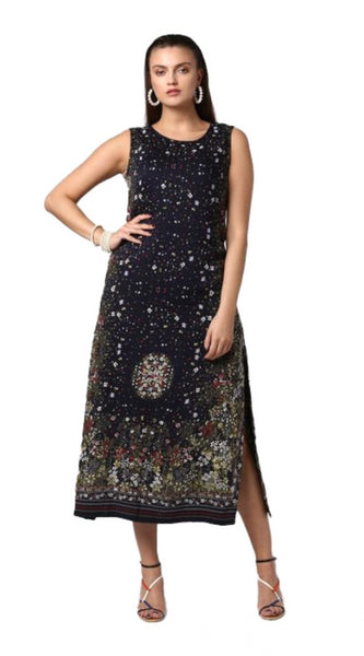 Mayawye Women's Rayon Floral Sleeveless Calf-length Dress (Black)