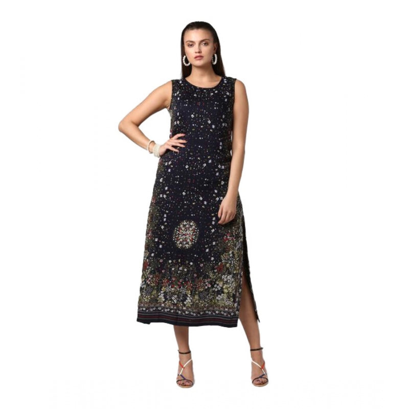Mayawye Women's Rayon Floral Sleeveless Calf-length Dress (Black)