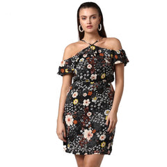 Mayawye Women's Polyester Floral Cold Shoulder Above Knee Dress (Black)