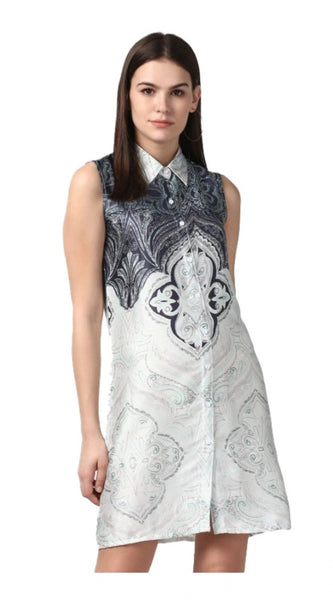 Mayawye Women's Polyester Printed Sleeveless Above Knee Dress (Blue)