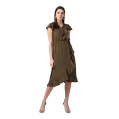 Mayawye Women's Polyester Ruffled Cap Sleeve Knee-Length Dress (Olive)