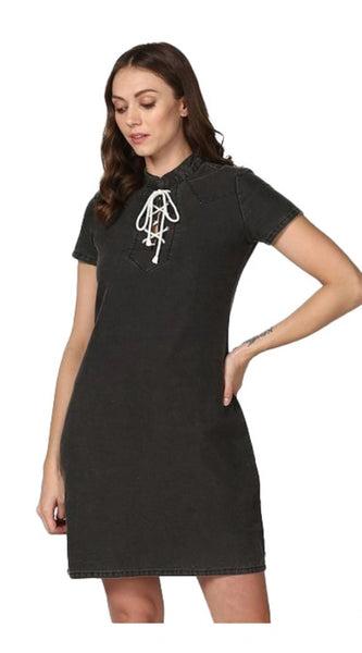 Mayawye Women's Denim Solid Short Sleeve Above Knee Dress (Black)