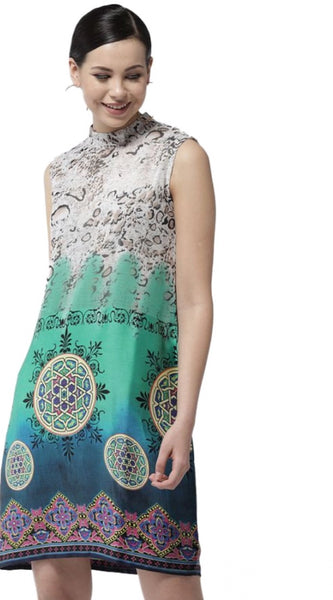 Mayawye Women's Polyester Printed Sleeveless Above Knee Dress (Multicolor)