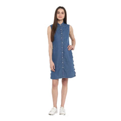 Mayawye Women's Denim Solid Sleeveless Above Knee Dress (Blue)