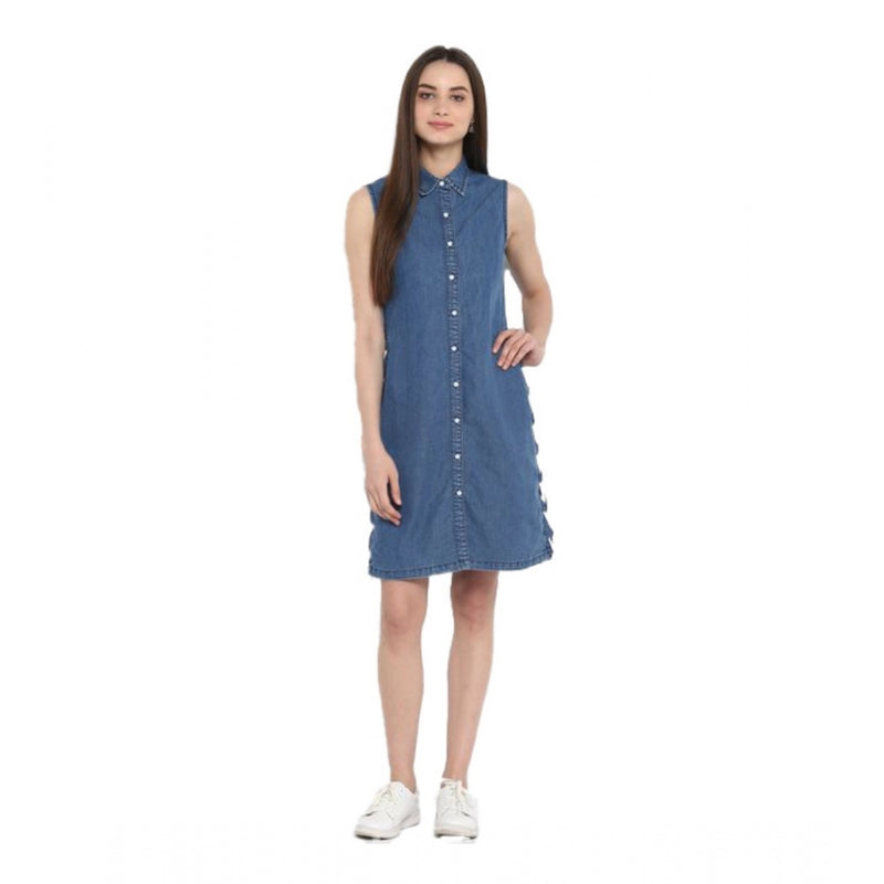 Mayawye Women's Denim Solid Sleeveless Above Knee Dress (Blue)