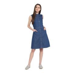 Mayawye Women's Denim Solid Sleeveless Above Knee Dress (Blue)