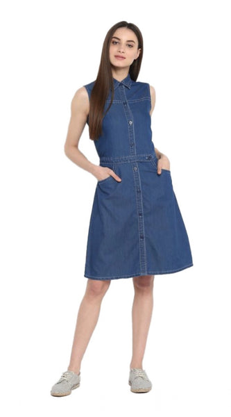 Mayawye Women's Denim Solid Sleeveless Above Knee Dress (Blue)