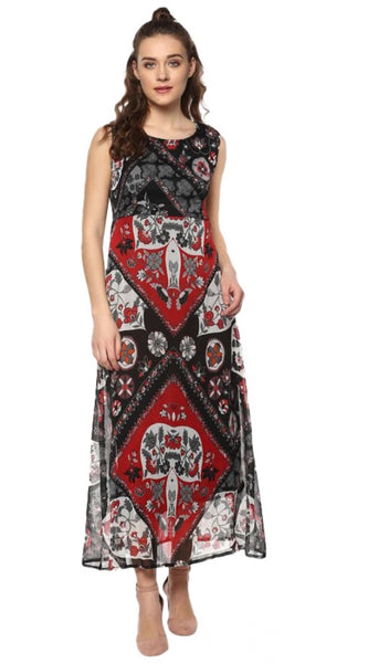 Mayawye Women's Polyester Printed Sleeveless Dress (Red - Black)