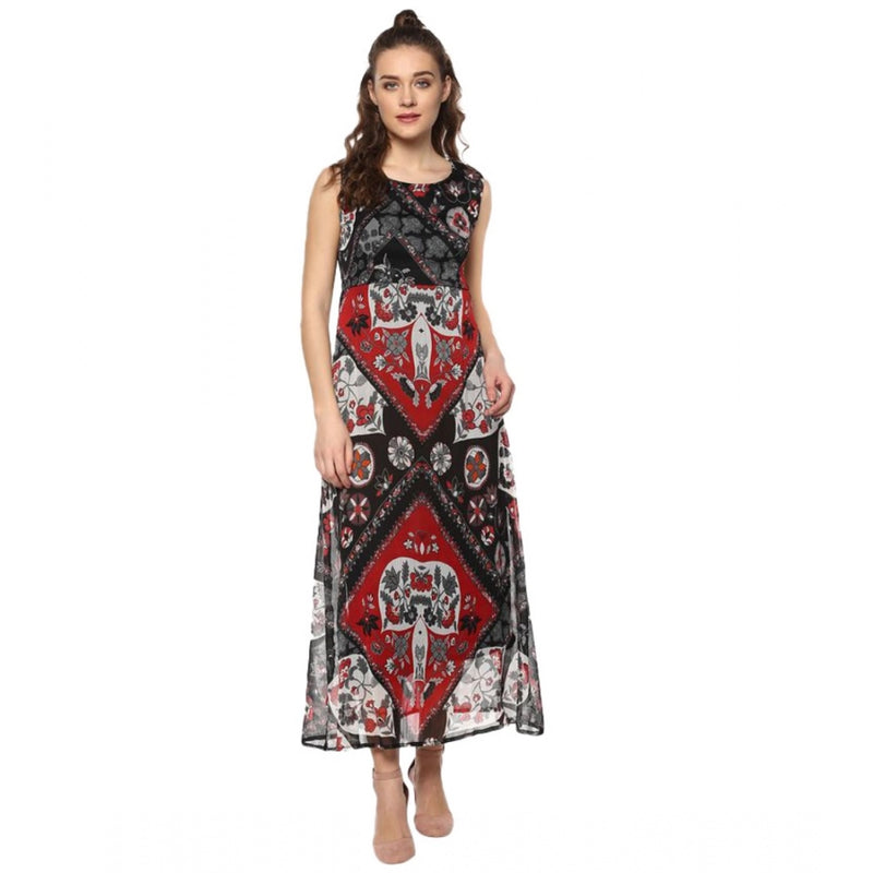 Mayawye Women's Polyester Printed Sleeveless Dress (Red - Black)