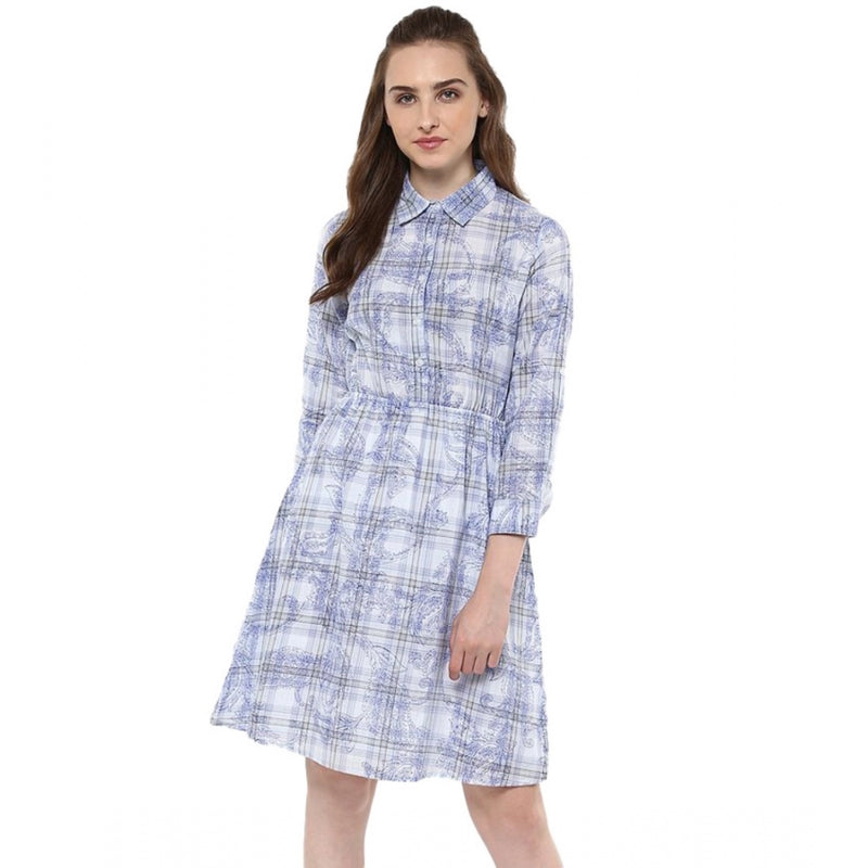 Mayawye Women's Cotton Checkered Roll Up Sleeve Above Knee Dress (Blue)
