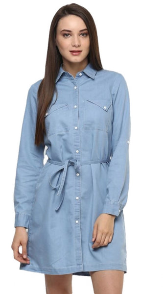 Mayawye Women's Denim Solid Long Sleeves Above Knee Dress (Blue)