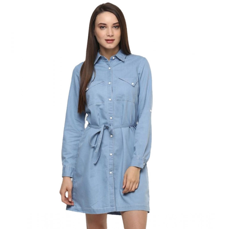 Mayawye Women's Denim Solid Long Sleeves Above Knee Dress (Blue)