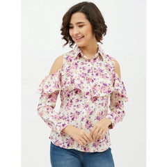 Mayawye Women's Polyester Floral Cold Shoulder Standard Length Shirt (White)