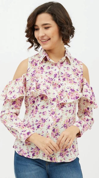 Mayawye Women's Polyester Floral Cold Shoulder Standard Length Shirt (White)