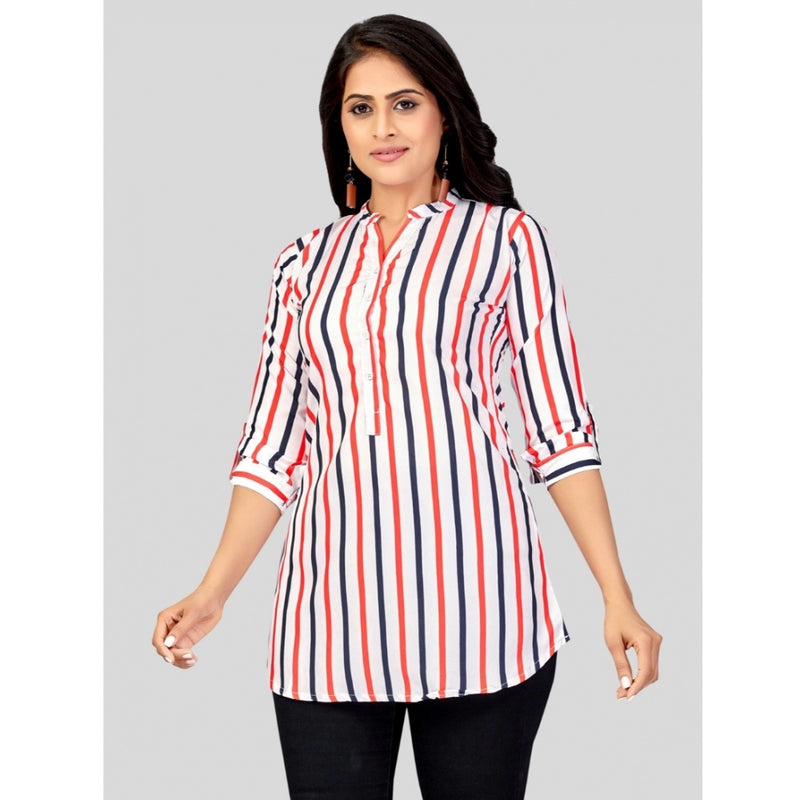 Mayawye Women's Poly Crepe Mandarin Collar 3/4 Sleeves Short Top (White)