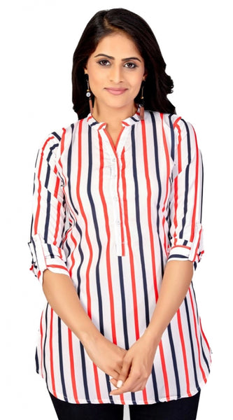 Mayawye Women's Poly Crepe Mandarin Collar 3/4 Sleeves Short Top (White)