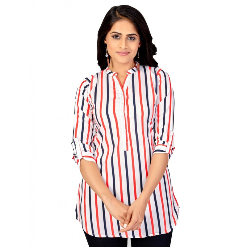 Mayawye Women's Poly Crepe Mandarin Collar 3/4 Sleeves Short Top (White)