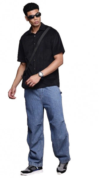Mayawye Men's Cotton Blend Solid Half-Sleeve Regular Shirt (Black)