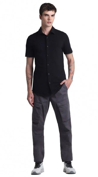 Mayawye Men's Cotton Blend Solid Half-Sleeve Regular Shirt (Black)