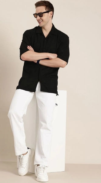 Mayawye Men's Cotton Blend Solid Half-Sleeve Regular Shirt (Black)