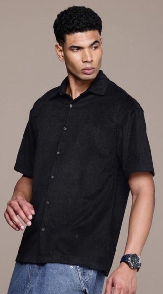 Mayawye Men's Cotton Blend Solid Half-Sleeve Regular Shirt (Black)