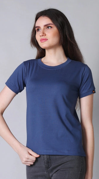 Mayawye Women's Cotton Blended Solid Round Neck Half Sleeve T-Shirt (Blue)