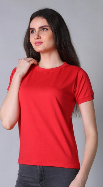 Mayawye Women's Cotton Blended Solid Round Neck Half Sleeve T-Shirt (Red)