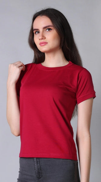 Mayawye Women's Cotton Blended Solid Round Neck Half Sleeve T-Shirt (Maroon)