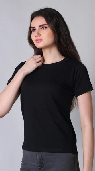 Mayawye Women's Cotton Blended Solid Round Neck Half Sleeve T-Shirt (Black)