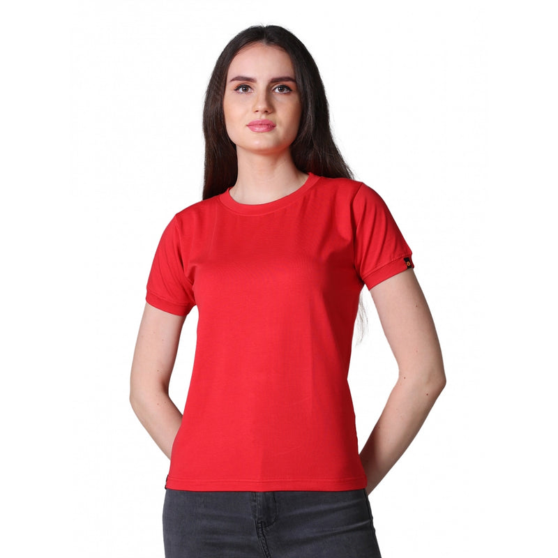Mayawye Women's Cotton Blended Solid Round Neck Half Sleeve T-Shirt (Red)