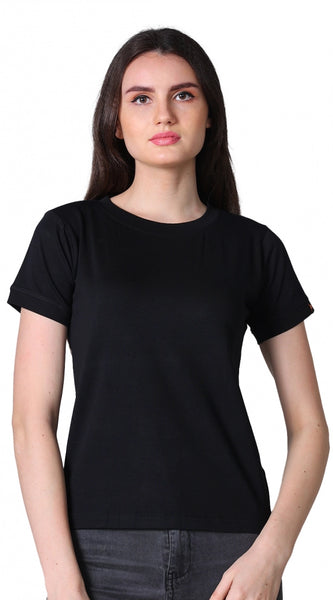 Mayawye Women's Cotton Blended Solid Round Neck Half Sleeve T-Shirt (Black)