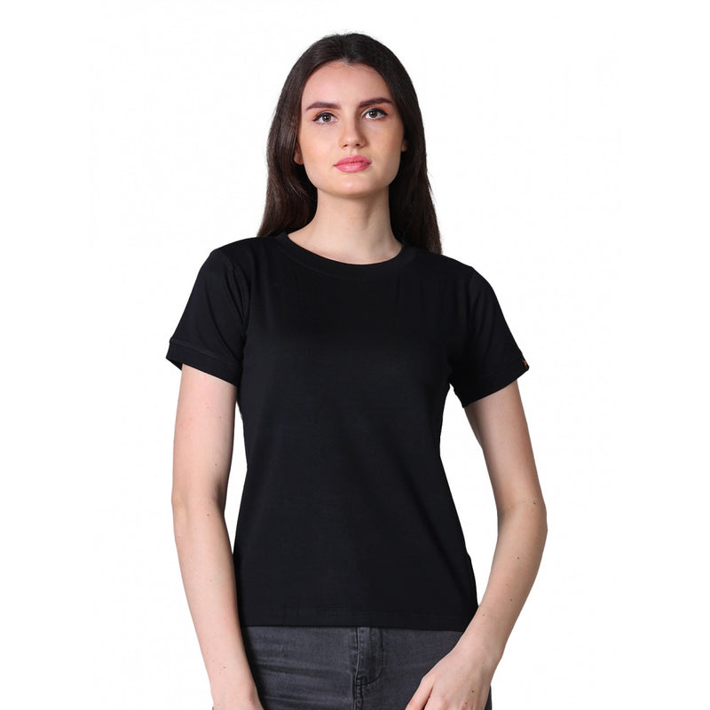Mayawye Women's Cotton Blended Solid Round Neck Half Sleeve T-Shirt (Black)