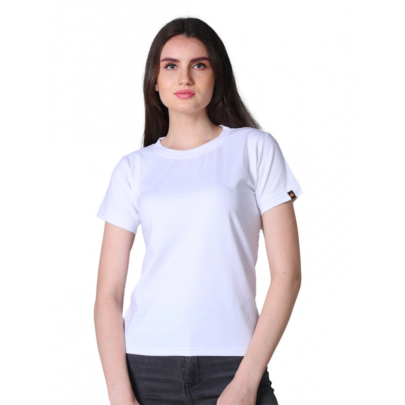 Mayawye Women's Cotton Blended Solid Round Neck Half Sleeve T-Shirt (White)