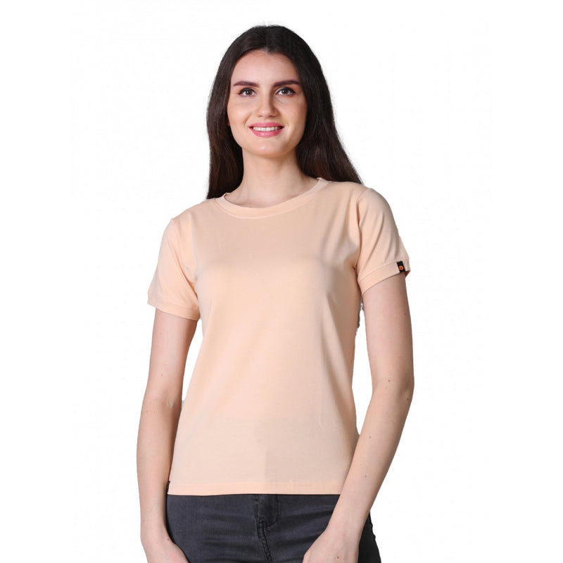 Mayawye Women's Cotton Blended Solid Round Neck Half Sleeve T-Shirt (Peach)
